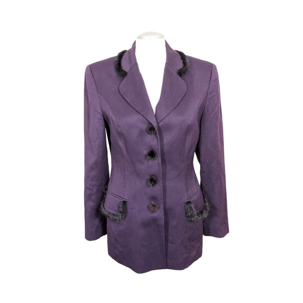 MILLE and UNE Paris Vintage Wool Blend Fur Trim Blazer Jacket Womens US 10 Plum